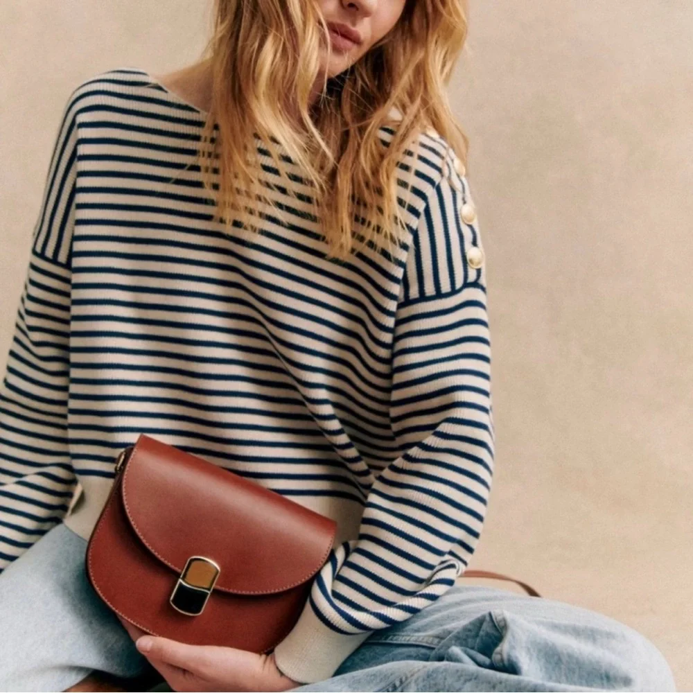 Sezane Cream and Navy Striped Crewneck Sweater with Pearl Shoulder Buttons - Picture 1 of 4